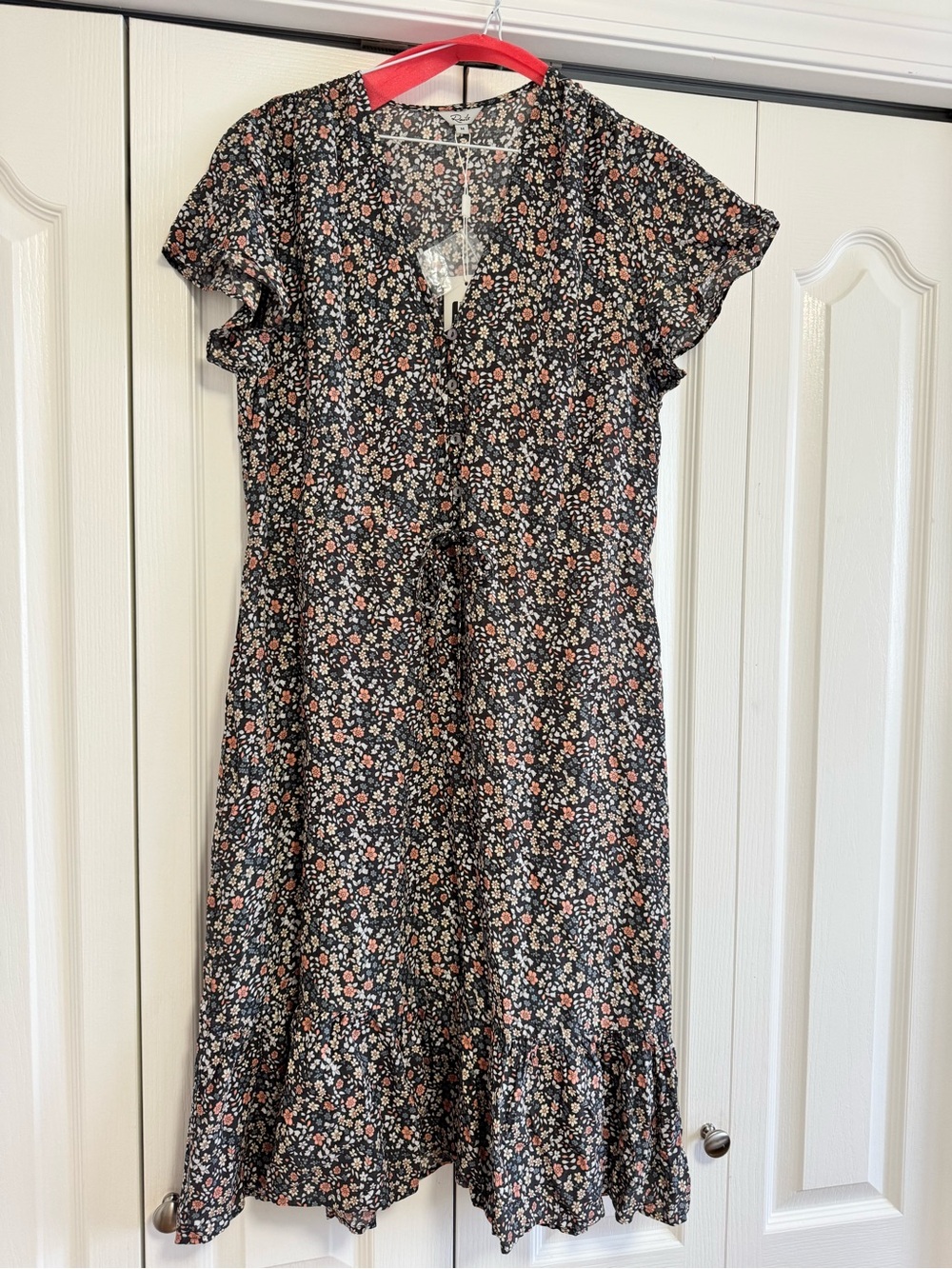 Rails Black Floral Midi Dress with Peach and Cream Accents